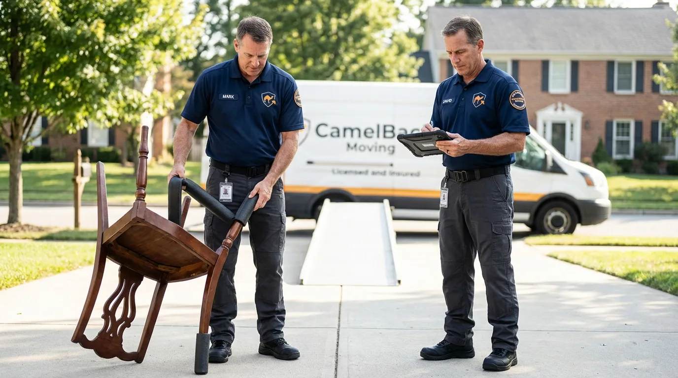 Movers inspecting furniture for damage prevention before loading in Southern Pines, NC