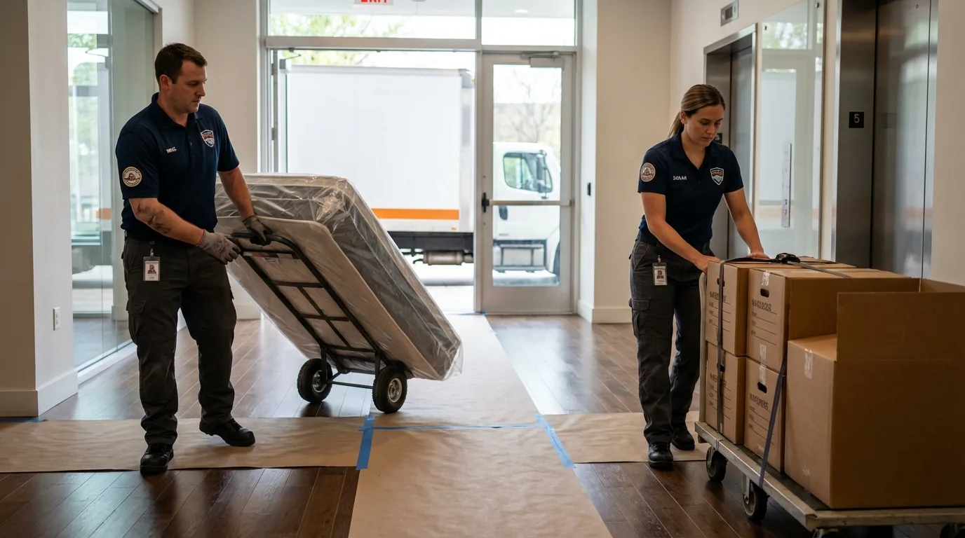 Professional apartment movers loading elevator in Southern Pines, NC