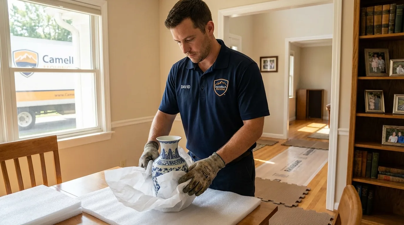 Professional crew carefully wrapping antique vase for senior downsizing move in Southern Pines, NC